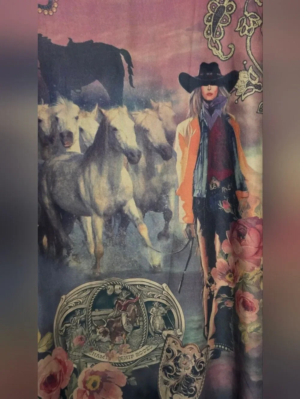 Fantazia Western Cowgirl Rose Horses Graphic Tunic Top  L Boho Rodeo Core